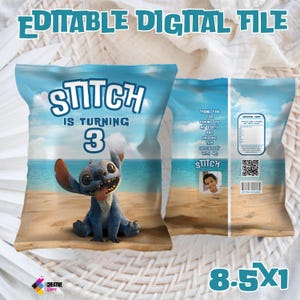 May include: Editable digital file for a Stitch birthday party. The design features a blue Stitch character on a beach background with the text "Stitch is turning 3".