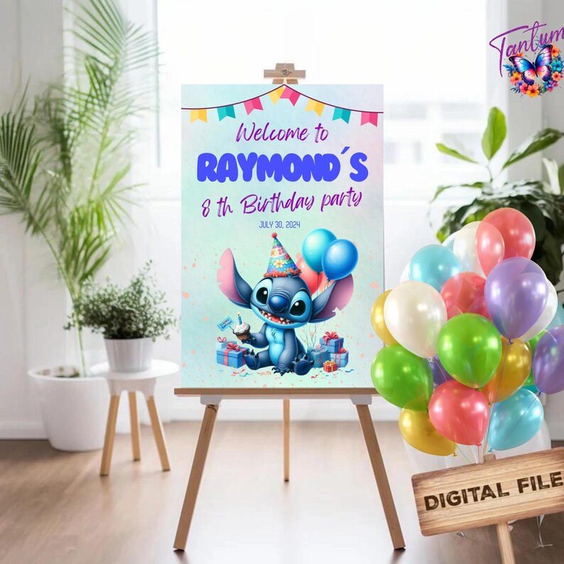 May include: A blue and white Stitch character from the Disney movie Lilo & Stitch is on a welcome sign for Raymond's 8th birthday party. The sign is on an easel with colourful balloons in the background. The sign says "Welcome to Raymond's 8th Birthday Party, July 30, 2024".