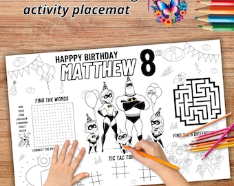 The incredibles Birthday Party, EDITABLE Placemat, Coloring Page, the incredibles Birthday Placemat, Instant Download Editable I18