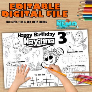 Puede incluir: Una página para colorear imprimible en blanco y negro con personajes de Buscando a Nemo. La página incluye una búsqueda de palabras, un juego de unir puntos, un juego de tres en raya y un laberinto. La página está personalizada con el nombre "Nayinna" y la edad "3 años".