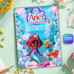 Ariel Birthday Party Invite, Ariel digital Invitation Template, Ariel invitation party, Ariel customizable, DIGITAL DOWNLOAD A60