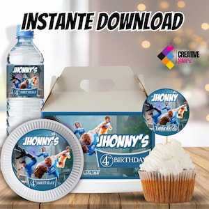 May include: A party theme set featuring a water bottle, plate, box, and cupcake. The theme includes the text "JHONNY'S 4th BIRTHDAY" and a Fantastic 4 graphic. The words "INSTANTE DOWNLOAD" are at the top.