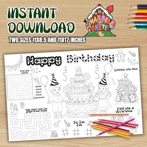 Pagina da colorare di Hansel e Gretel, tovaglietta di compleanno di Hansel e Gretel, set di attività di Hansel e Gretel, Hansel e Gretel, DOWNLOAD IMMEDIATO