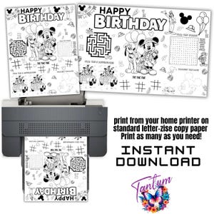 May include: Black and white printable coloring page featuring Mickey Mouse and Pluto. The page includes a maze, tic-tac-toe game, connect the dots, and a word search. The text "Happy Birthday" is at the top of the page.