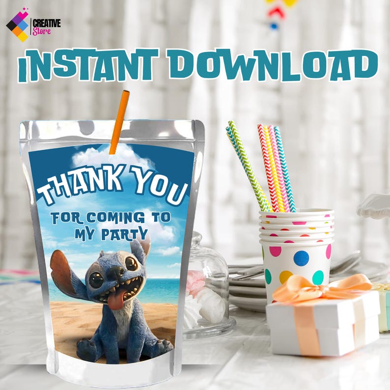 May include: A clear plastic pouch with a blue and white design featuring the character Stitch from Lilo & Stitch, with the text "THANK YOU FOR COMING TO MY PARTY". An orange straw is inserted into the pouch. Colorful straws and a gift box are also visible.