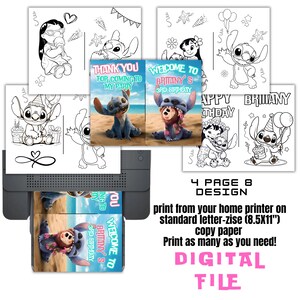 May include: Printable 8-page design featuring Stitch from Lilo & Stitch. The design includes a welcome to Brittany's 3rd birthday card, a thank you for coming to my party card, and two coloring pages. The design is for printing on standard letter-size paper.