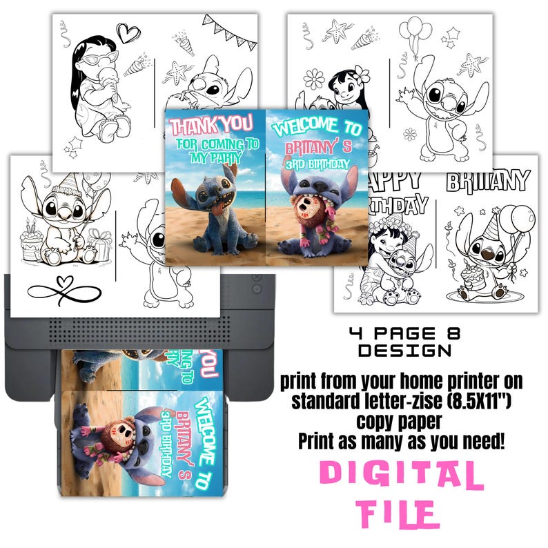 May include: Printable 8-page design featuring Stitch from Lilo & Stitch. The design includes a welcome to Brittany's 3rd birthday card, a thank you for coming to my party card, and two coloring pages. The design is for printing on standard letter-size paper.