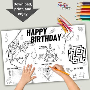 May include: Black and white printable table topper featuring a Spiderman theme. The topper includes a happy birthday message, a maze, connect the dots, tic tac toe, and a word search.
