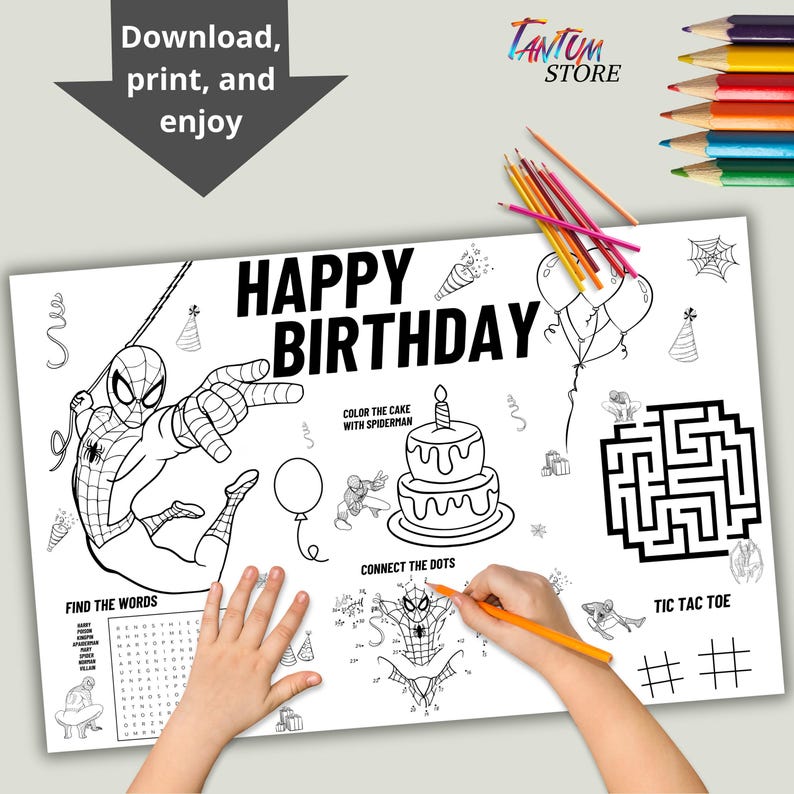 May include: Black and white printable table topper featuring a Spiderman theme. The topper includes a happy birthday message, a maze, connect the dots, tic tac toe, and a word search.
