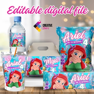 Puede incluir: Etiquetas de favor de fiesta imprimibles con Ariel la Sirenita. Las etiquetas están diseñadas para cajas de jugo, botellas de agua, bolsas de bocadillos y cajas de regalo. Las etiquetas presentan una imagen de dibujos animados de Ariel con el texto "Ariel cumple 4 años".
