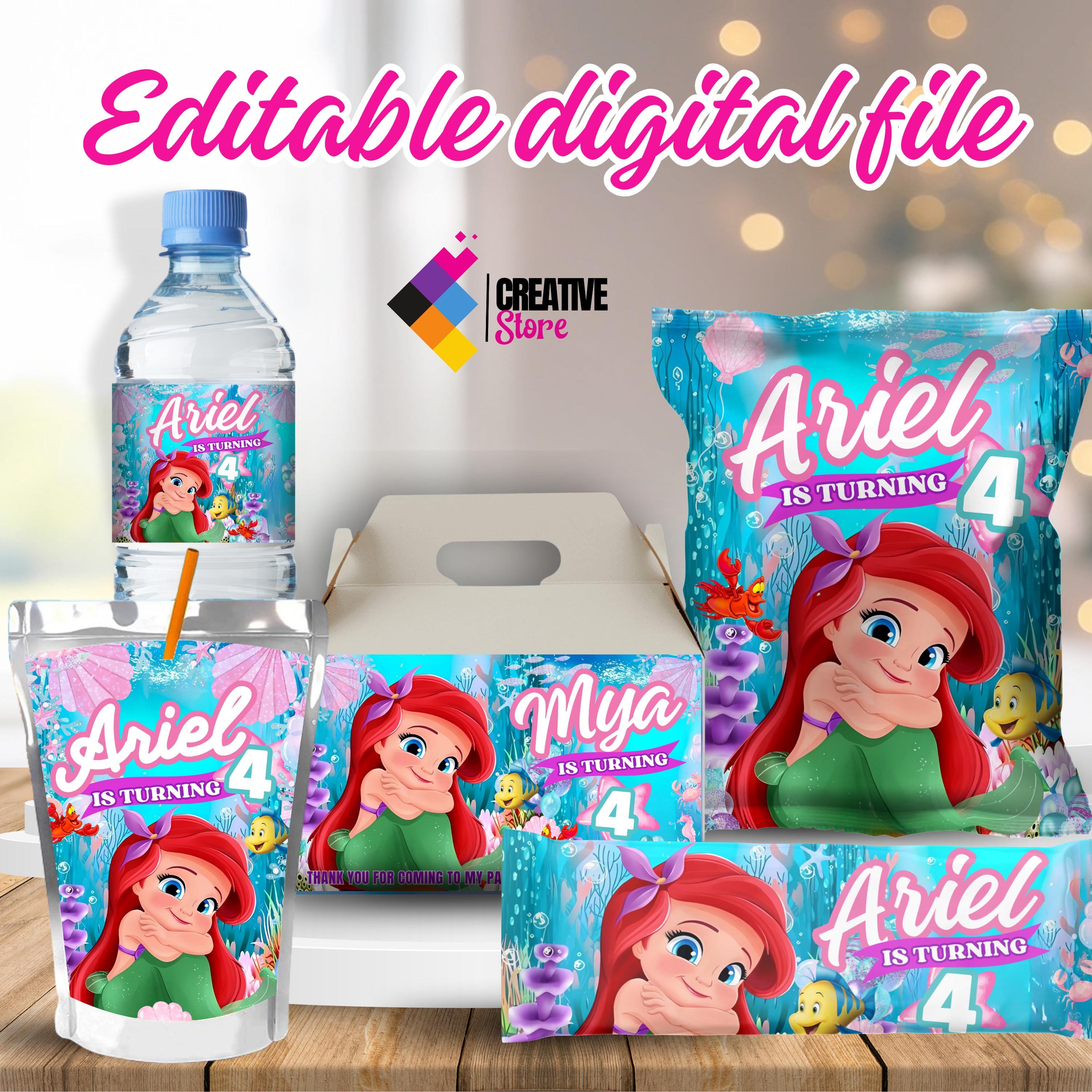 Editable little mermaid Party Pack, Ariel Potato Chip Bag, Little mermaid Bottle Label, Chocolate Label, Gable Box,EDITABLE DIGITAL FILE S10