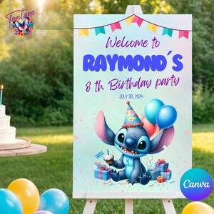 May include: A blue and pink birthday party sign featuring a cartoon Stitch character holding a cupcake. The sign reads "Welcome to Raymond's 8th Birthday Party July 30, 2024".