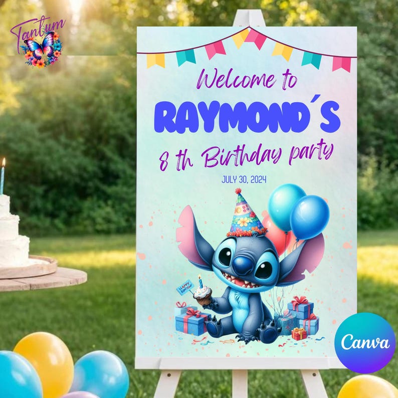 May include: A blue and pink birthday party sign featuring a cartoon Stitch character holding a cupcake. The sign reads "Welcome to Raymond's 8th Birthday Party July 30, 2024".
