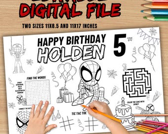 Birthday Party EDITABLE Placemat, Spidey Birthday Activity Sheet, Personalized Coloring, Spidey Birthday Placemat, Instant Download S11