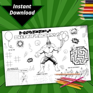 Puede incluir: Página para colorear imprimible en blanco y negro con Hulk, un personaje de superhéroe popular. La página incluye un mensaje de cumpleaños, un laberinto, una actividad de unir los puntos, una búsqueda de palabras y un juego de tres en raya.