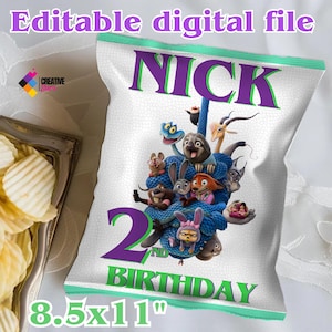 Puede incluir: Bolsa de patatas fritas blanca con el nombre "NICK" en morado y verde, con personajes de dibujos animados y el texto "2nd BIRTHAY". La bolsa est&aacute; etiquetada como "Editable digital file" y mide 21,6 x 27,9 cm.