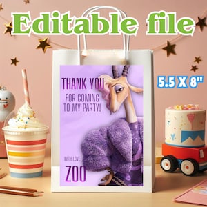 May include: White gift bag with a purple graphic featuring a cartoon gazelle and the text "THANK YOU FOR COMING TO MY PARTY!" and "ZOO". The bag is 5.5 x 8 inches. The words "Editable file" are at the top.