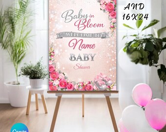 Pink Floral Baby Shower Welcome Sign, Baby in Bloom Sign Template, Pink Baby Shower Canva Template, EDITABLE DIGITAL FILE - B140