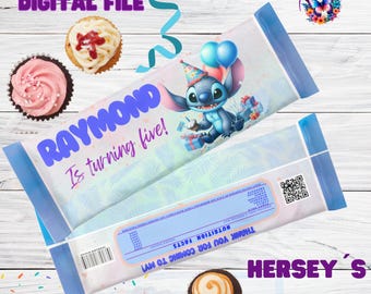 May include: A blue and white printable party favor bag featuring a cartoon Stitch character with a birthday hat and balloons. The bag says "Raymond is turning five!" and has a QR code and the text "Thank you for coming to my!"