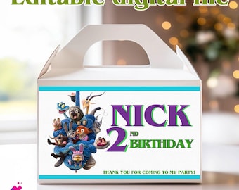 Children’s Party Box, Party Zootopia, Zootropolis gable box, Personalized kids luxe picnic meal boxes, Zootopia 2, DIGITAL FILE Z72