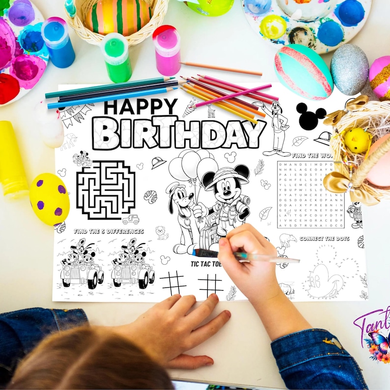 May include: A black and white printable activity sheet featuring Mickey Mouse and Pluto. The sheet includes a maze, a word search, a connect the dots, a tic tac toe game, and a find the differences game. The sheet is perfect for a birthday party or any other celebration.
