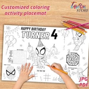 May include: A black and white printable placemat with a Spiderman theme. It features a word search, connect the dots, noughts and crosses, and a maze. The placemat says "Happy Birthday Turner 4th".