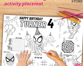 Birthday Party EDITABLE Placemat, Spidey Birthday Activity Sheet, Personalized Coloring, Spidey Birthday Placemat, Instant Download S11
