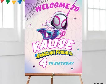 Watercolors ghost spider girl welcome Sign, Spider girl Welcome Poster, Spider girl Birthday Sign, Editable Welcome, Customized Sige, S38