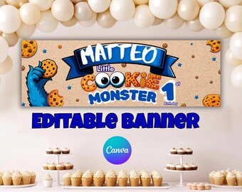 Cookie Monster Banner Design, Street Monster Personalized Banner, Halloween Bday Party, Decoration, Editable in canva, DIGITAL FILE - C142
