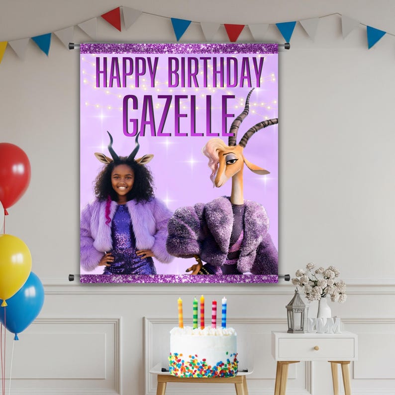 May include: A birthday banner with the text "HAPPY BIRTHDAY GAZELLE" in purple. The banner features a girl and a cartoon gazelle wearing purple outfits. A birthday cake with candles and balloons are in the foreground.