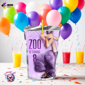May include: A juice pouch with a cartoon gazelle illustration, the text "ZOO IS TURNING 8", and a yellow straw. Colorful balloons in various colors are in the background, along with glasses of juice.