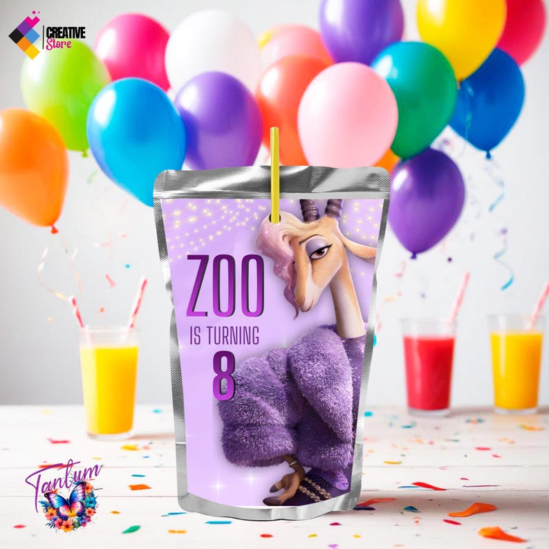 May include: A juice pouch with a cartoon gazelle illustration, the text "ZOO IS TURNING 8", and a yellow straw. Colorful balloons in various colors are in the background, along with glasses of juice.