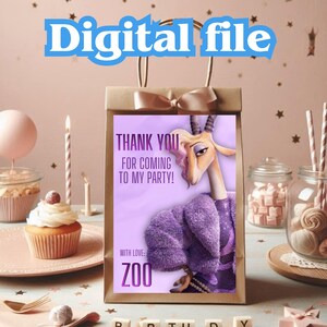 May include: A brown paper gift bag with a light purple insert featuring a cartoon gazelle wearing a purple coat. Text on the insert reads "THANK YOU FOR COMING TO MY PARTY!" and "WITH LOVE: ZOO". The words "Digital file" are at the top.
