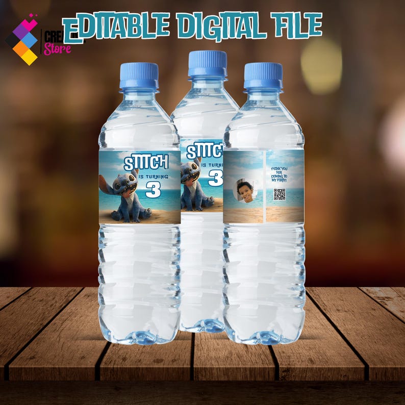 May include: Three clear plastic water bottles with blue lids and personalized labels featuring Stitch from Lilo & Stitch. The labels have a blue, white, and yellow color scheme and say "Stitch is turning 3".