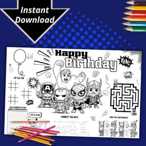 Superheros Birthday Party EDITABLE Placemat, Superheros kids Birthday Activity Sheet,Coloring Page,Marvel Birthday Placemat,DIGITAL FILE SH16
