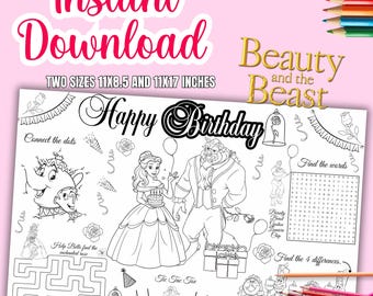 Beauty and the beast Coloring page, Beauty and the beast birthday placemat, Beauty and the beast activity set paty, INSTANT DOWNLOAD