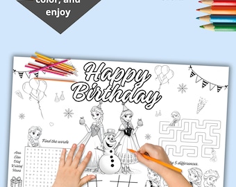 Pode incluir: Um jogo americano branco para colorir com o texto "Happy Birthday" e ilustrações de personagens de desenhos animados. Inclui um labirinto, uma pesquisa de palavras e um jogo da velha. O texto "Download, color, and enjoy" também está presente.