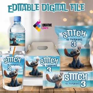 May include: Printable party supplies featuring Stitch from Disney's Lilo & Stitch. The set includes a water bottle label, juice box label, snack bag, favor box, and a banner. The labels and banner feature Stitch with the text "Stitch is turning 3".