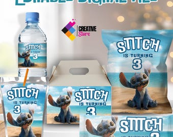 Editable Stitch Party Pack, Stitch Potato Chip Bag, Stitch Bottle Label, Stitch Chocolate Label, Stitch Gable Box,EDITABLE DIGITAL FILE ST03