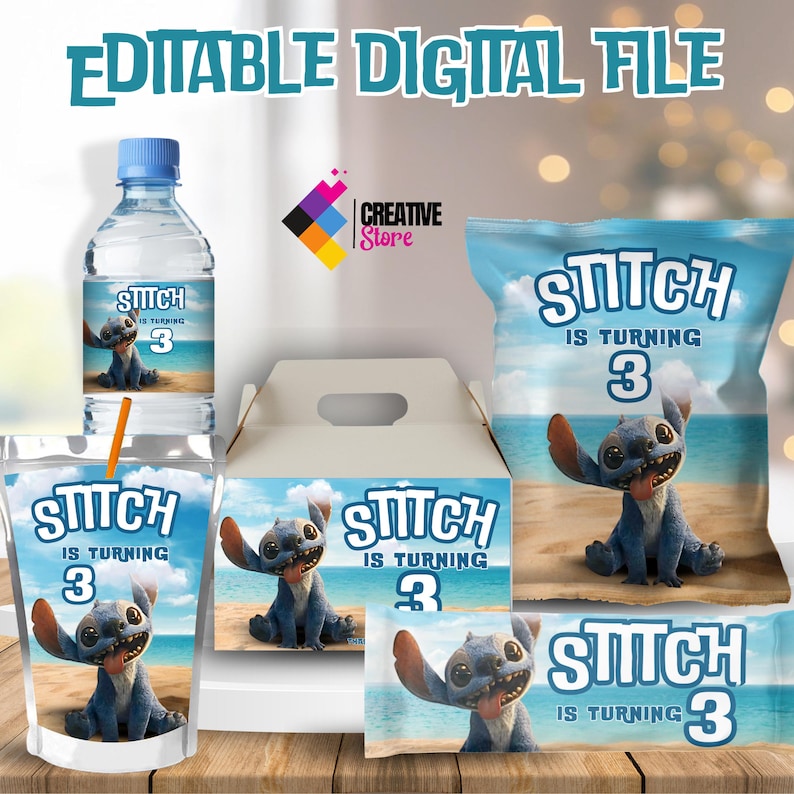 May include: Printable party supplies featuring Stitch from Disney's Lilo & Stitch. The set includes a water bottle label, juice box label, snack bag, favor box, and a banner. The labels and banner feature Stitch with the text "Stitch is turning 3".