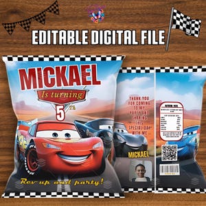 Editable cars Chip Bags for party favors, Party bags, Cars birthday, downloaded and printed. DIGITAL DOWNLOAD C12