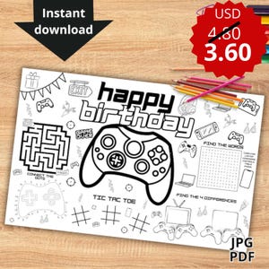 Video game coloring page, video game birthday placemat, activity set, video game party, kids&#39; party activity, INSTANT DOWNLOAD V31