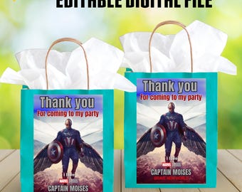 Editable captain america Gift Bag Tags, Captain america Treat Bags, Gift Favor Bag Label, Theme Party Favor Bags, EDITABLE DIGITAL FILE C40