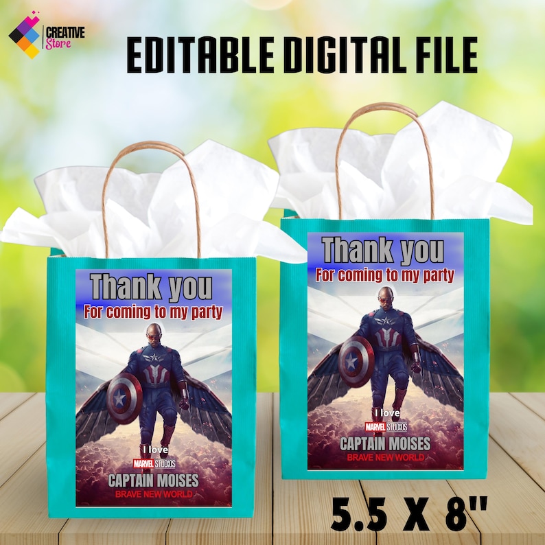 May include: Two turquoise gift bags with white tissue paper inside. Each bag has a printed label with a picture of Captain America, the text "Thank you for coming to my party", and the words "I love Marvel Studios Captain Moises Brave New World". The bags are 5.5 inches by 8 inches.
