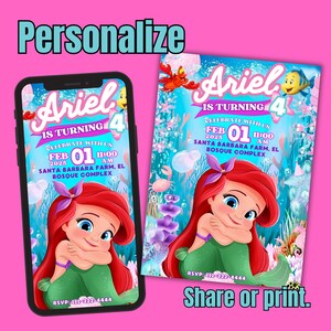 May include: Ariel-themed birthday invitation on a smartphone and a printed card. The design features Ariel, the Little Mermaid, with event details: date, time, and location. The invitation is set against a pink background with the text "Personalize" and "Share or print."