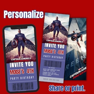 Captain america Ticket Invitation, Captain america Birthday Invite, Captain america Digital Printable Tickets Invite, Printable Ticket, SH16