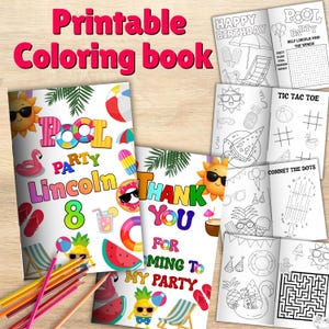 May include: A printable coloring book featuring a pool party theme for Lincoln's 8th birthday. The cover displays colorful graphics of a sun, flamingo, watermelon, and beach gear. Inside pages include word searches, tic tac toe, and connect the dots.