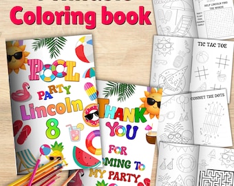 Editable Pool party mini coloring book, Party Pool Coloring book, Pool party favors, EDITABLE DIGITAL FILE - P129