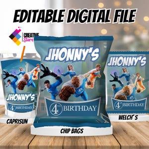 Puede incluir: Un surtido de recuerdos de fiesta, incluyendo CapriSun, bolsas de patatas fritas y snacks Welch's, todos con temática de superhéroes. Los diseños incluyen el texto "JHONNY'S 4th BIRTHDAY" e ilustraciones de superhéroes. Las palabras "EDITABLE DIGITAL FILE" están en la parte superior.