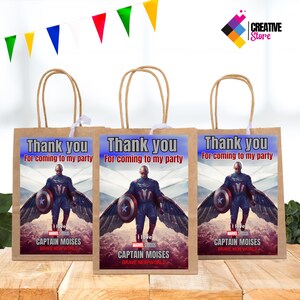May include: Three brown paper gift bags with handles. Each bag has a thank you message and a Captain America themed image with the text "I love Marvel Studios Captain Moises Brave New World".